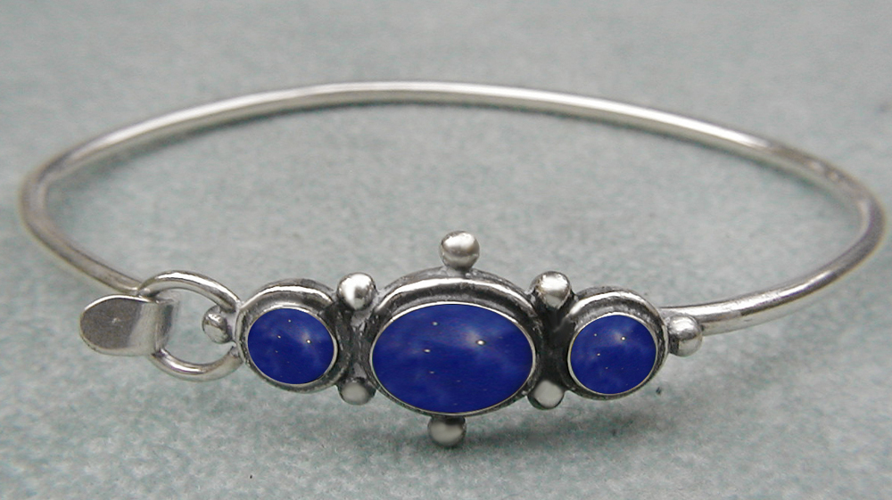 Sterling Silver Victorian Inspired Strap Latch Spring Hook Bangle Bracelet with Lapis Lazuli